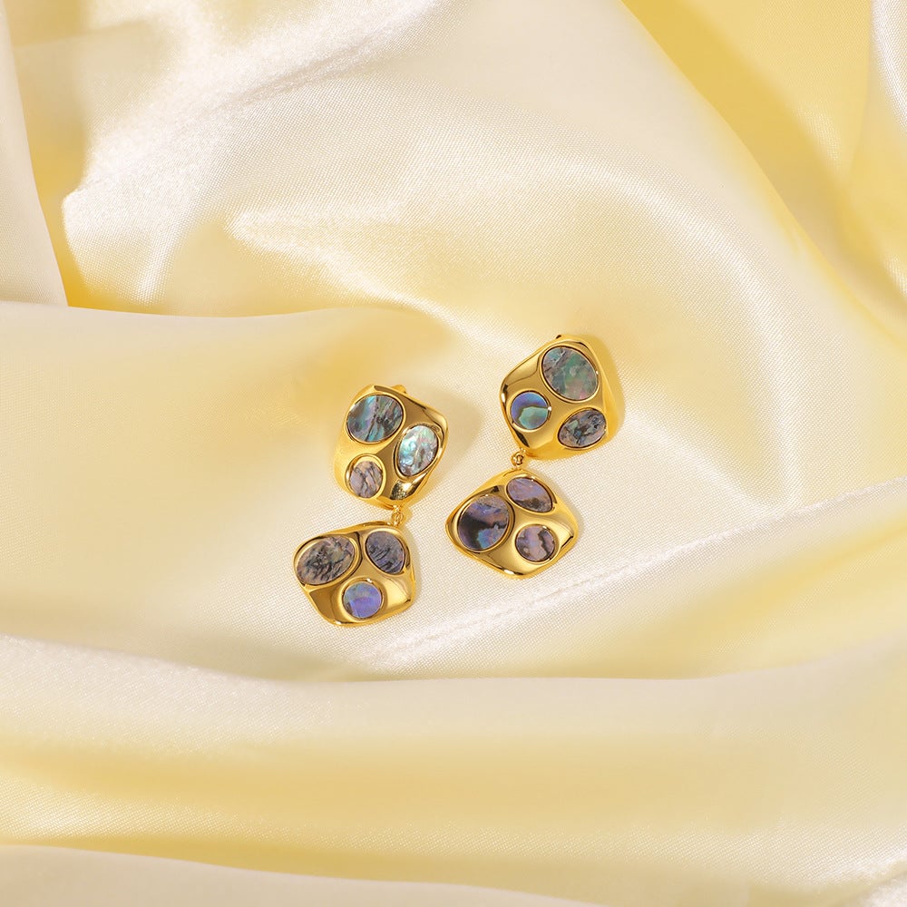 Ins Simple Design Stainless Steel Irregular Inlaid Natural Black Shell Geometric 18K Gold Earrings