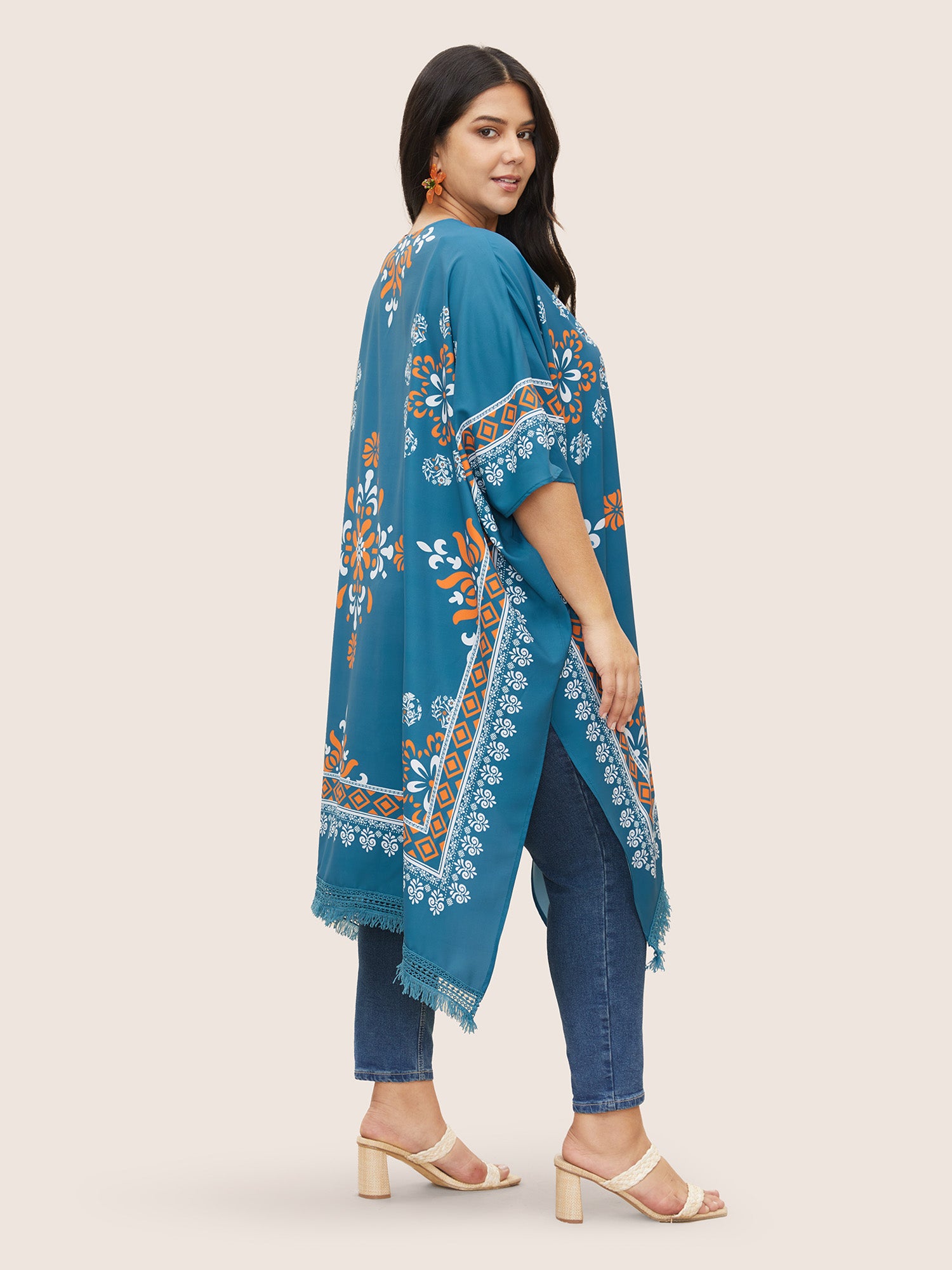 Boho Print Lace Panel Raglan Sleeve Fringe Hem Kimono