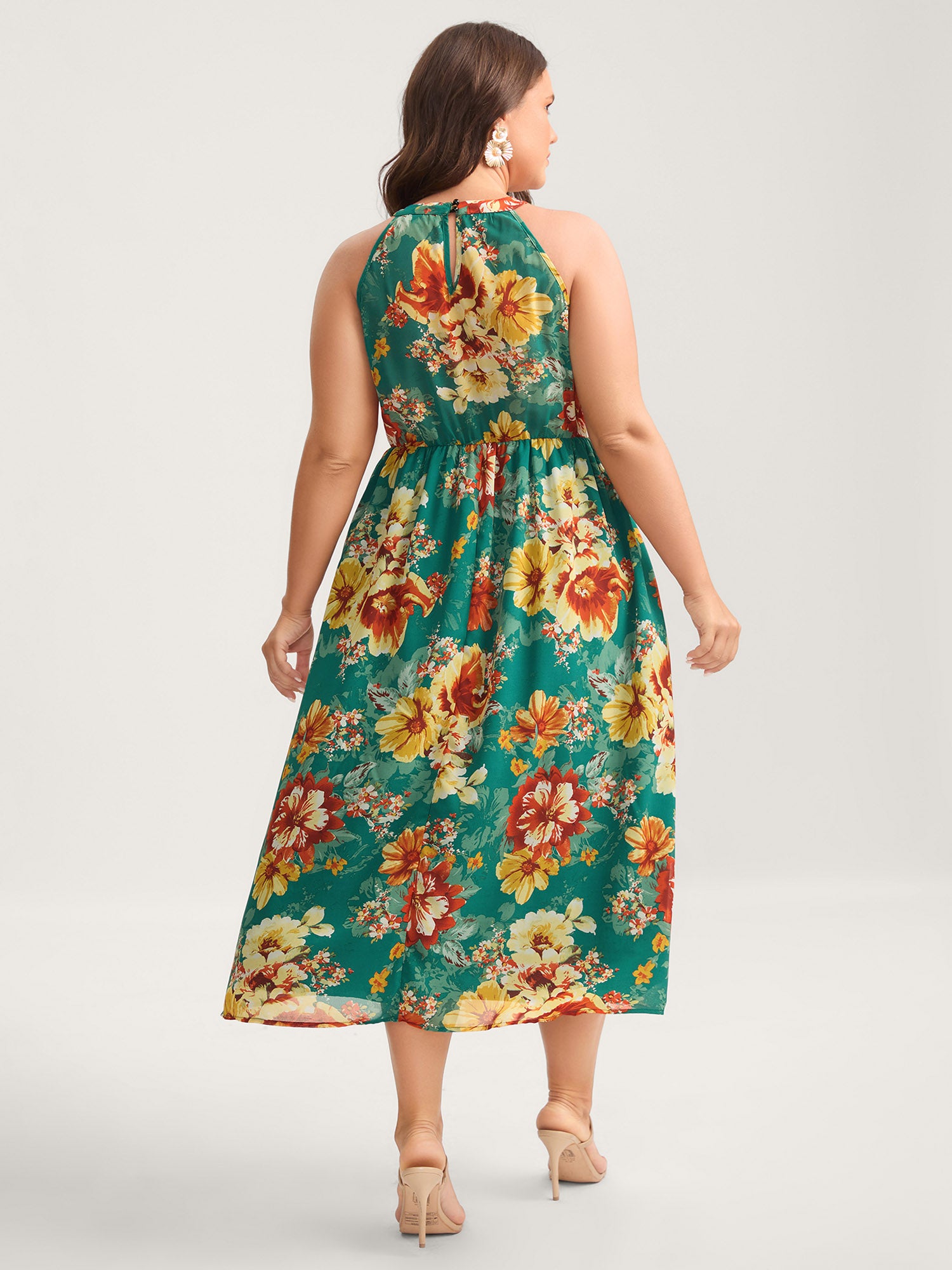 Large Floral Print Stretchy-Waist Midi Dress
