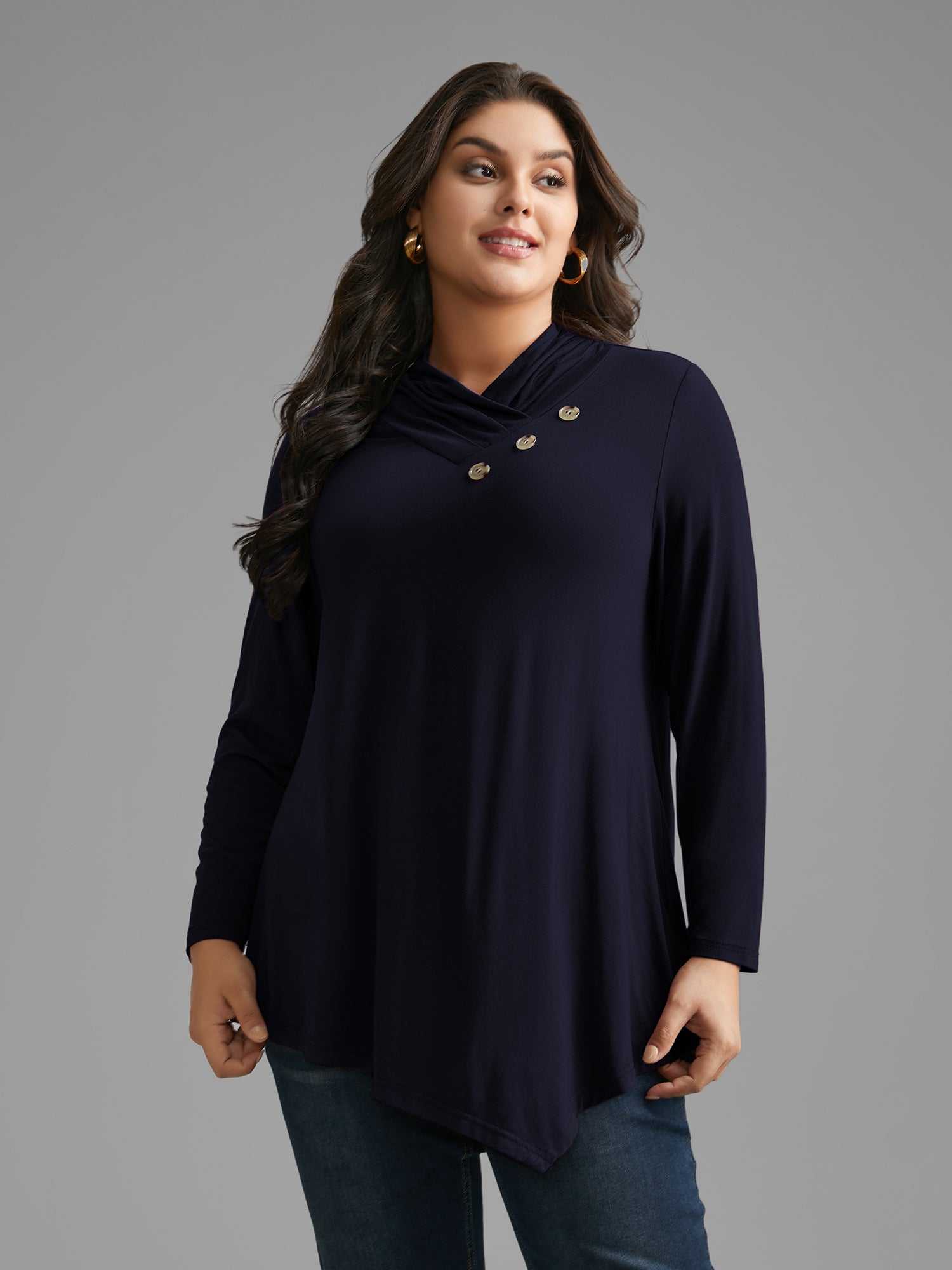 Solid Button Detail Asymmetrical Hem Jersey Top
