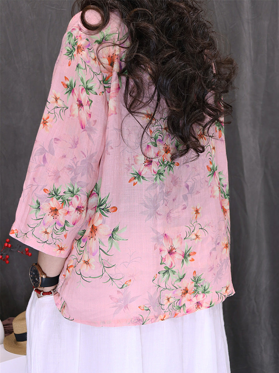 Women Summer Ethnic Flower 100%Ramie V-Neck Shirt