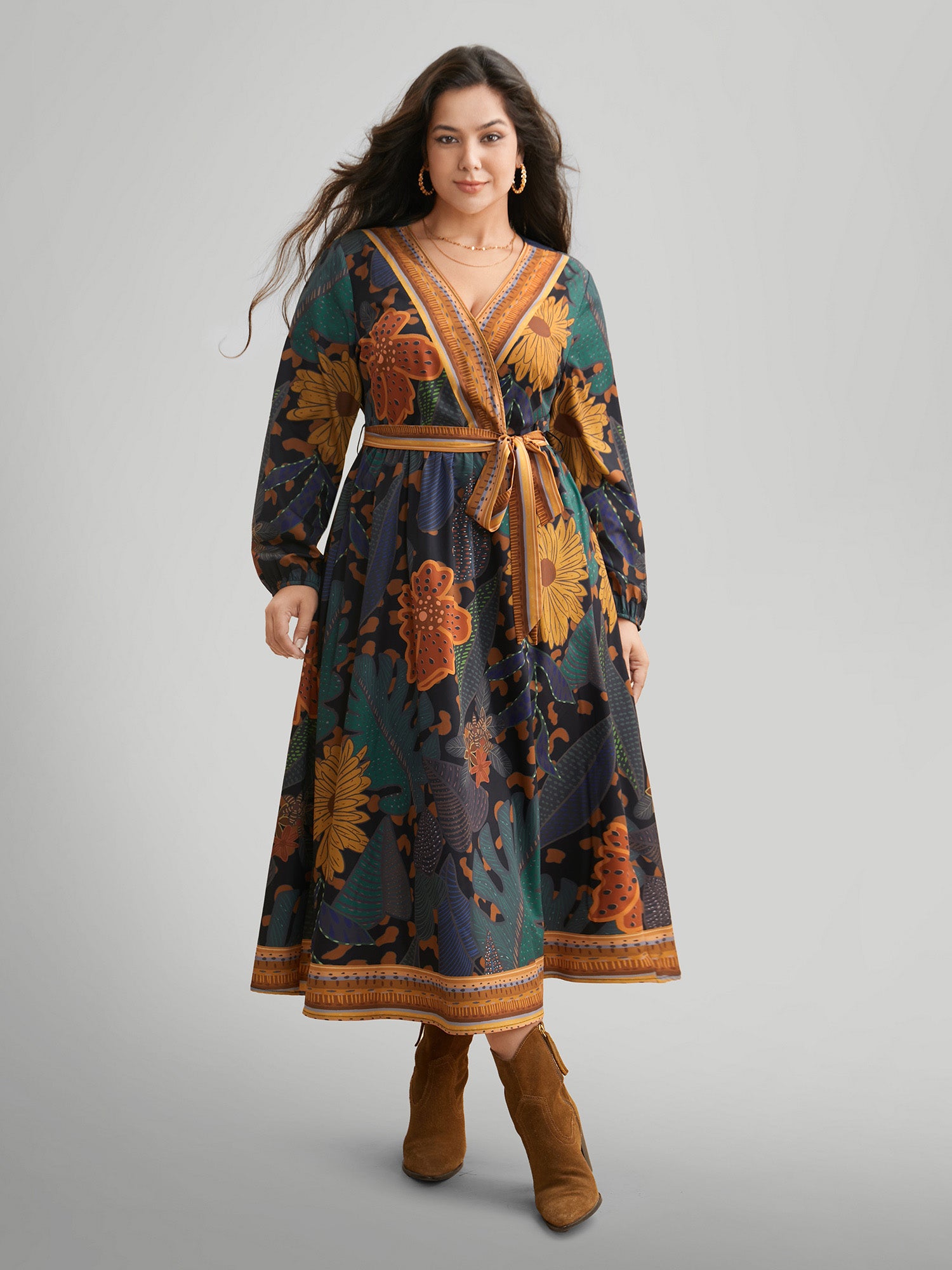 Boho Print Belted Lantern Sleeve Dress