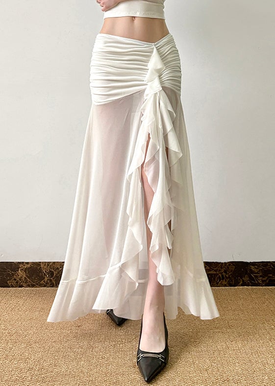 Sexy White Wrinkled Side Open Tulle Skirt Summer