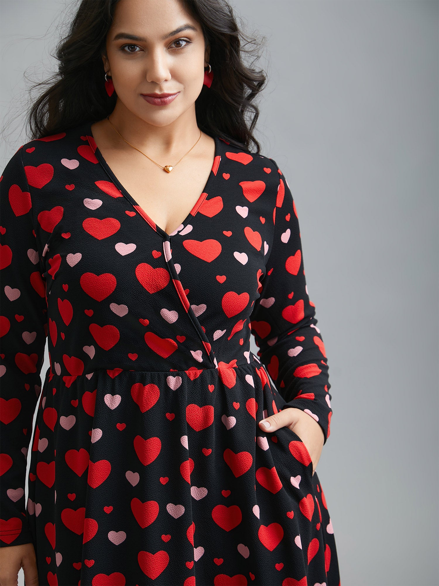 Wrap Neck Hearts Print Knit Dress