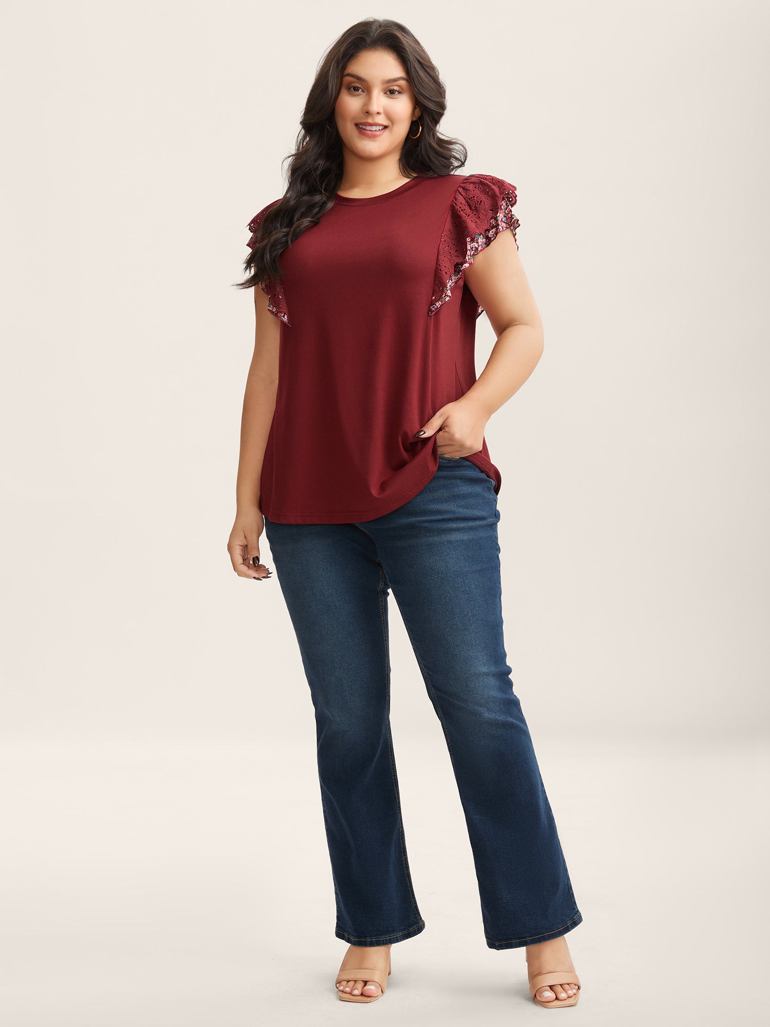 Eyelet Trim Flutter Sleeve Knit Top