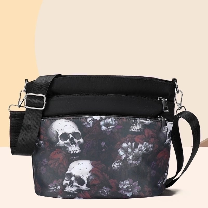 Halloween Women's Oxford Cloth Flower Ghost Punk Zipper Shoulder Bag
