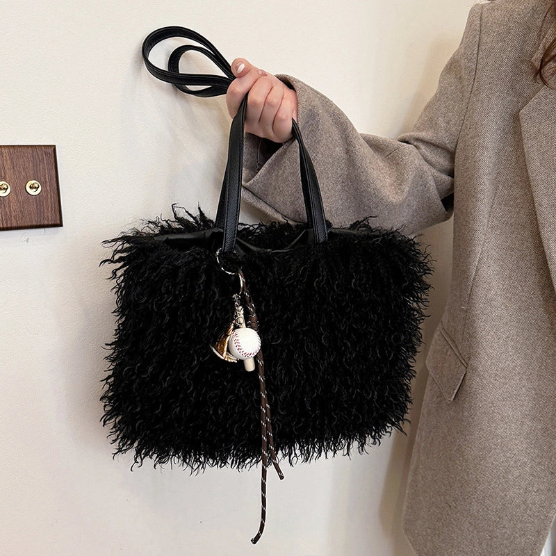 Women's Plush Solid Color Streetwear Sewing Thread Square Magnetic Buckle Shoulder Bag