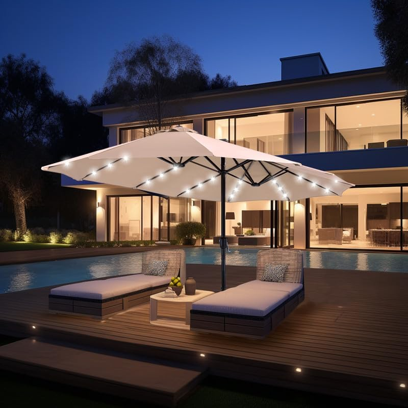 🎉𝑻𝒐𝒅𝒂𝒚'𝒔 𝑺𝒑𝒆𝒄𝒊𝒂𝒍 𝑽𝒂𝒍𝒖𝒆💝Buy 2 Get 30% Off✨GREEN PARTY 15 ft Rectangle Patio Umbrella with Solar Lights and Base Included