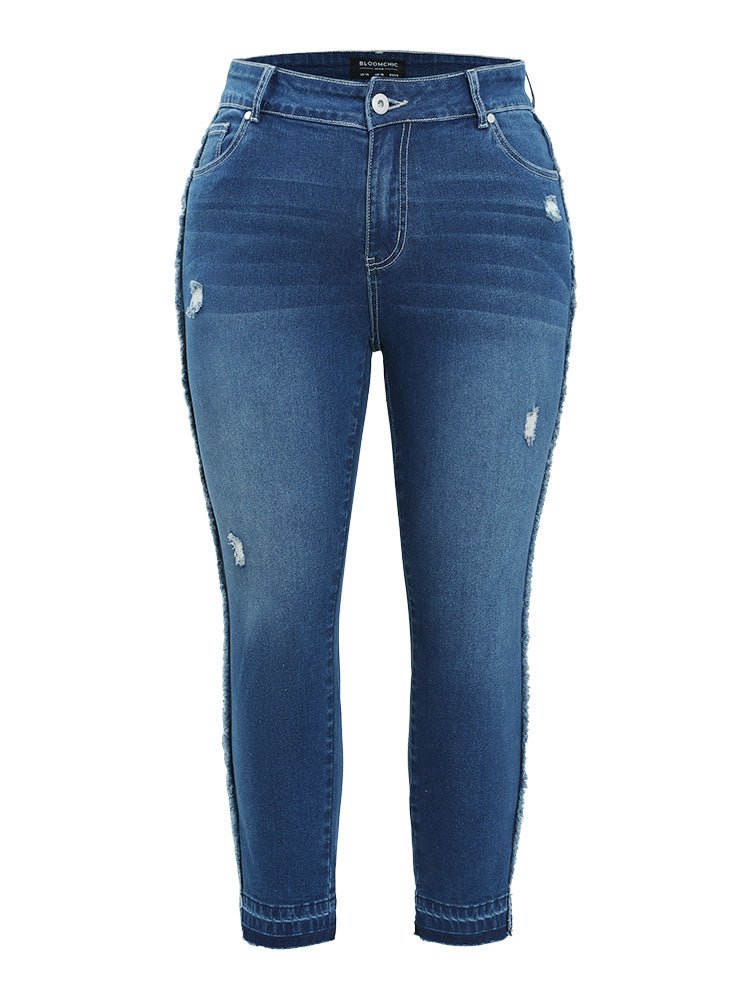 Very Stretchy High Rise Medium Wash Raw Trim Jeans