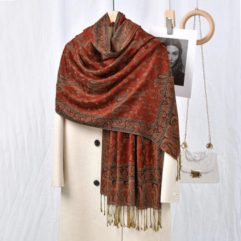 Women's Pastoral Cashew Nuts Flower Polyester Tassel Scarf