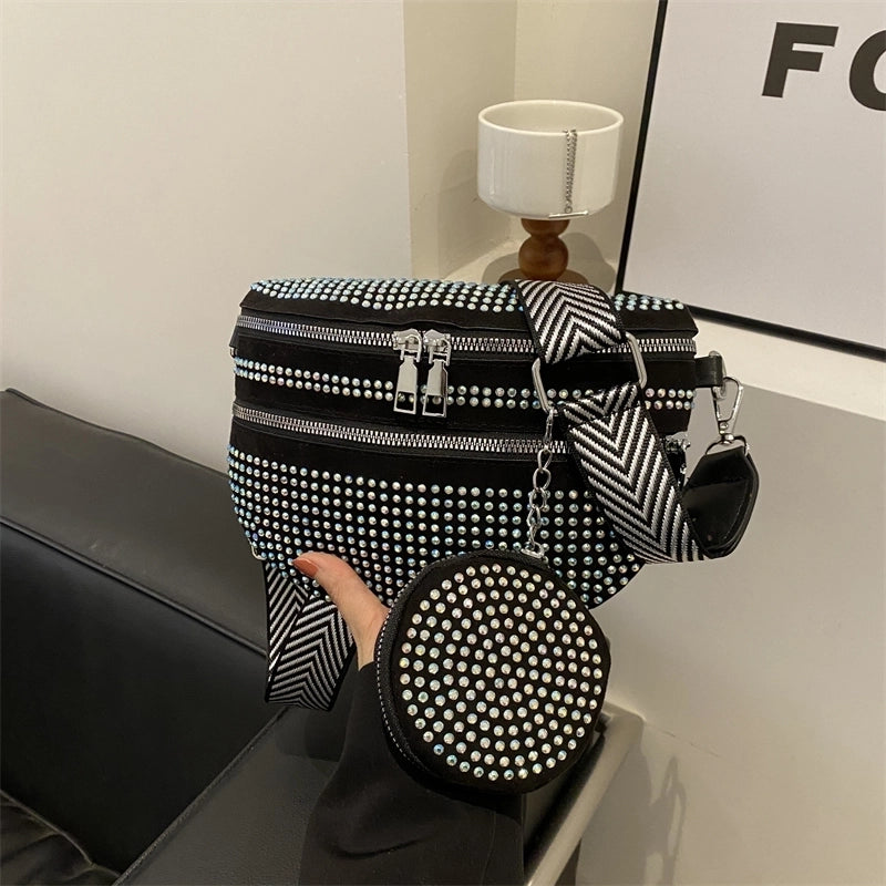 Women's Medium Pu Leather Solid Color Streetwear Rhinestone Dumpling Shape Zipper Fanny Pack
