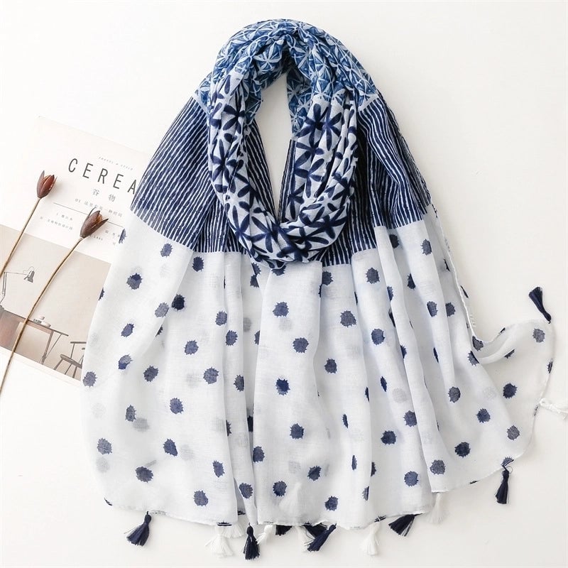 Yarn Cotton Fruit Green Bright Yellow Leaf Printing Tassel Scarf Shawl