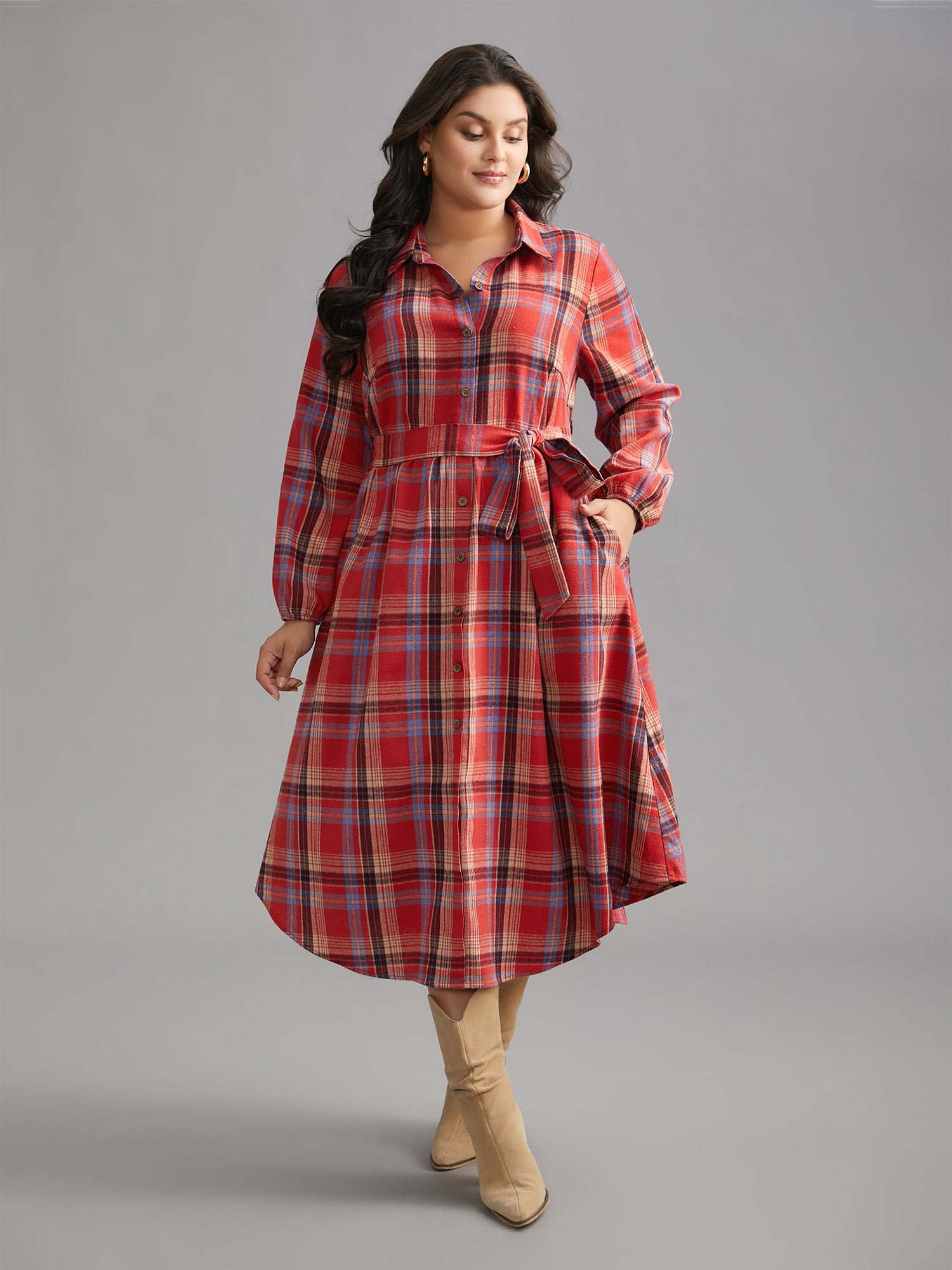 Plaid Button Detail Pocket Belted Arc Hem Dress