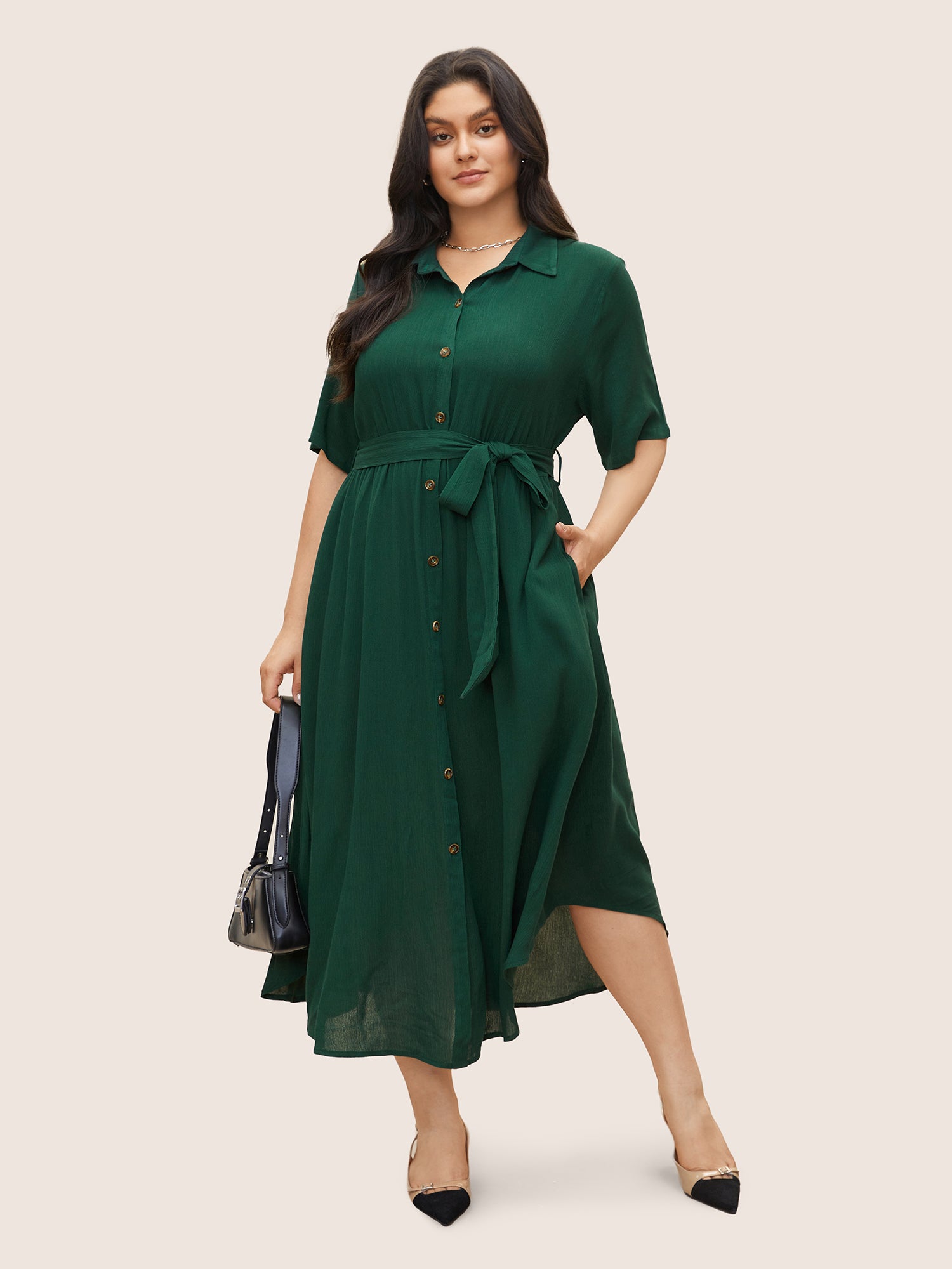 Solid Button Pocket Shirt Collar Belted Maxi Dress