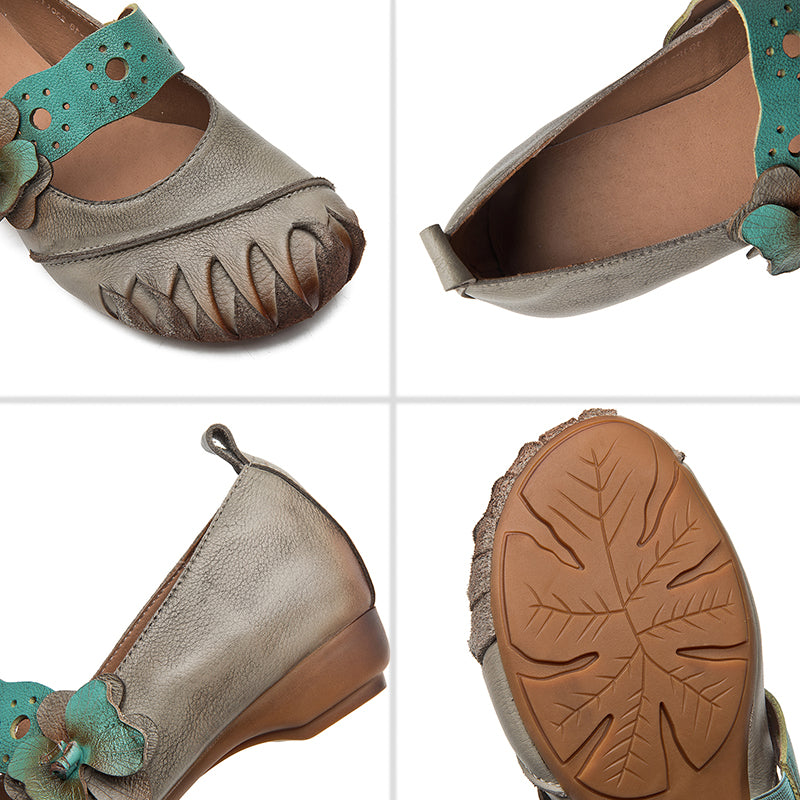 Vintage Color Block Cowhide Mary Jane Flats with Flower Strap in Grey/Purple