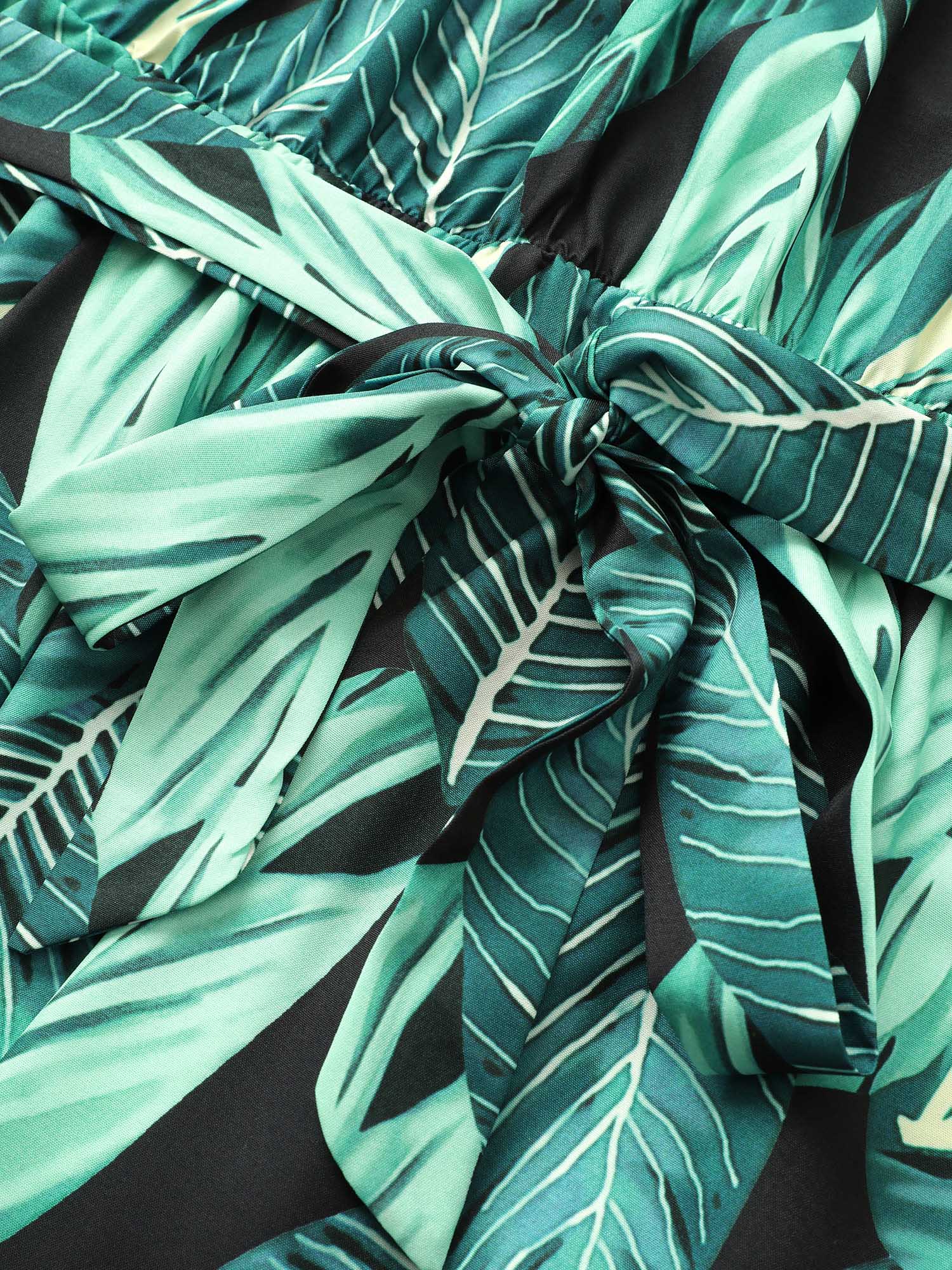 Tropical Print Knotted Pocket Ruffles Belted Halter Dress