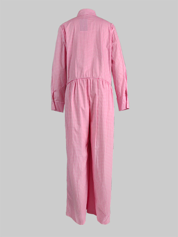 Long Sleeves Loose Buttoned Plaid Pleated Split-Joint Lapel Jumpsuits