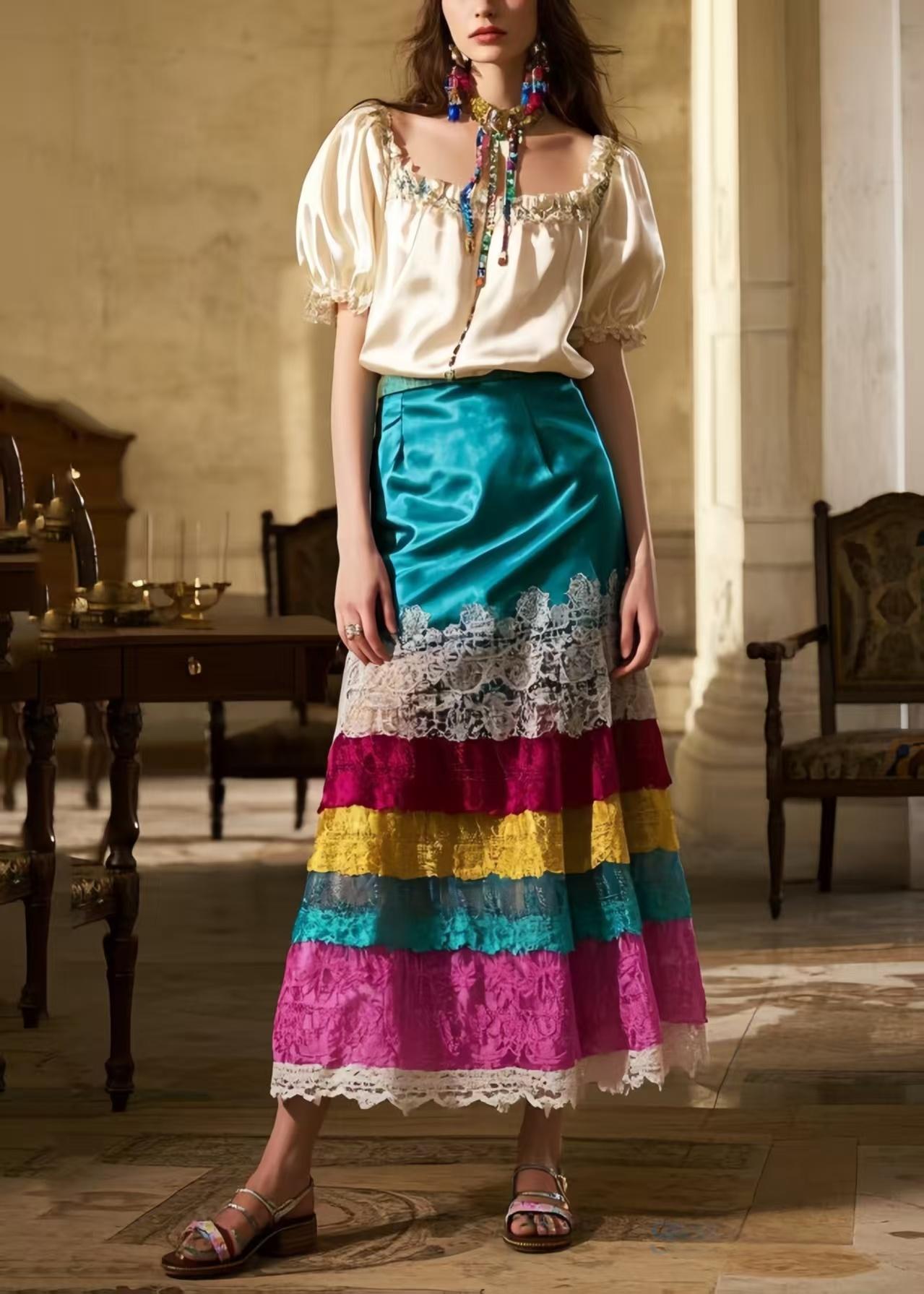 National Style Peacock Blue Patchwork Lace A Line Skirt