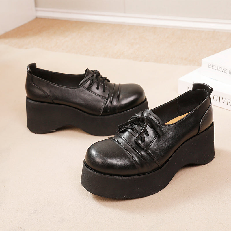 British Style 60mm Horse Leather Chunky Heel Lace-up Platform Oxford Shoes in Black/Coffee