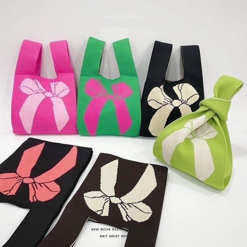 Women's Medium Knit Bow Knot Vintage Style Open Straw Bag