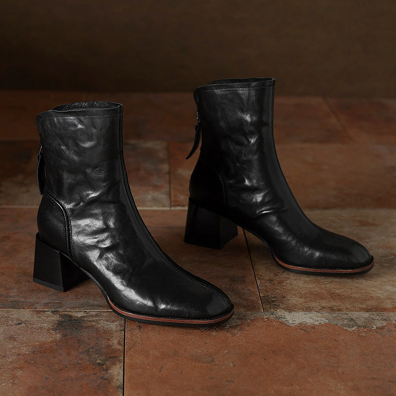 55mm Block Heel Square Toe Ankle Boots with Back Zip in Genuine Cowhide Black/Brown