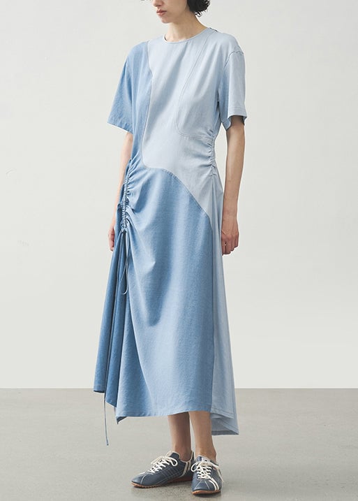 Stylish Light Blue O Neck Drawstring Patchwork Cotton Dress Summer