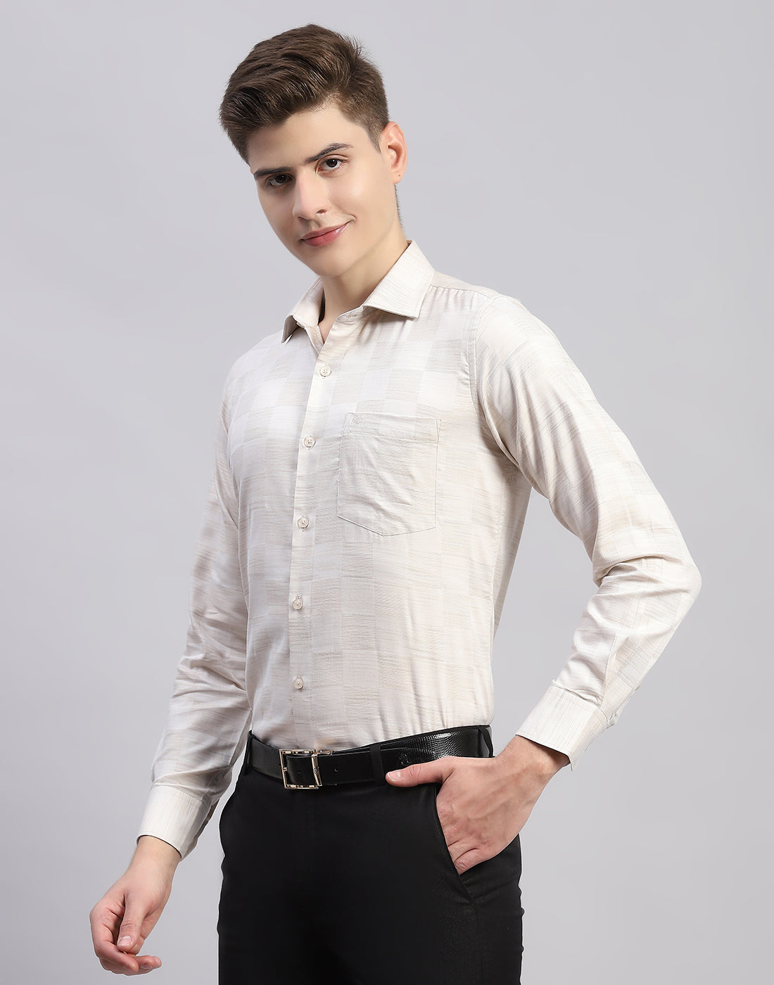 Men Beige Check Collar Full Sleeve Shirt