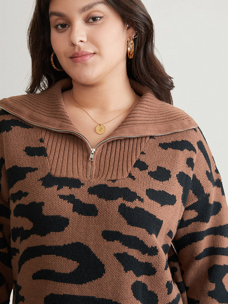 Leopard Graphic Half Zip Polo Knit Pullover