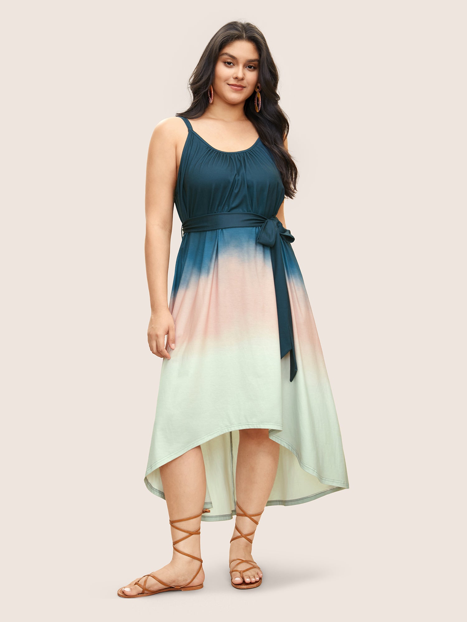 Tie Dye Belted Gathered Asymmetrical Hem Dress