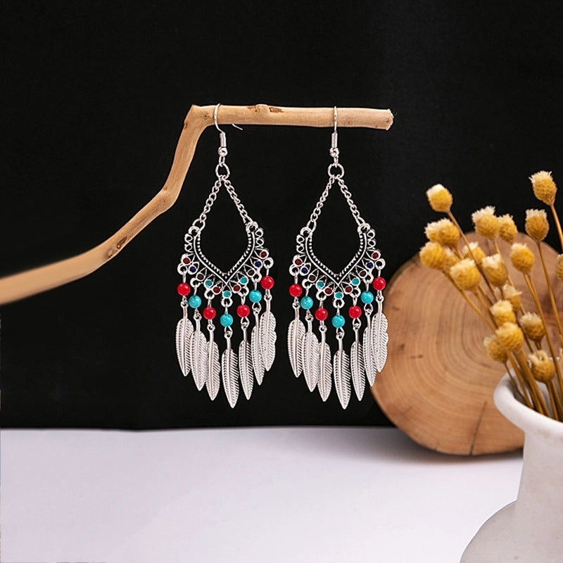 Bohemian Blue Turquoise National Style Earrings Imitation Miao Silver Metal Earrings Vintage Tassel Earrings