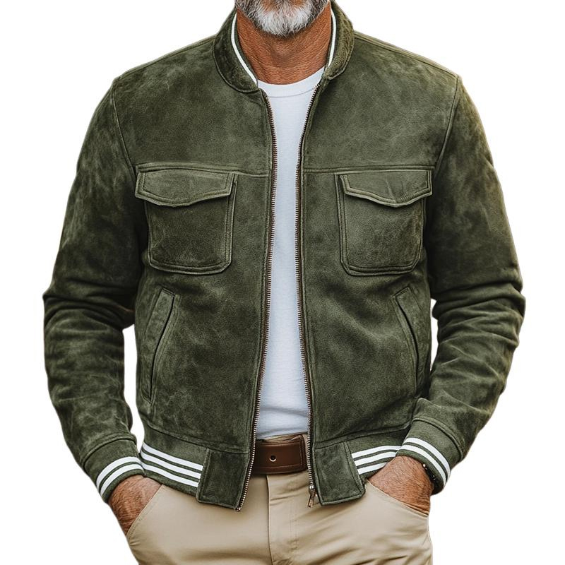 Men's Striped Trim Suede Stand Collar Multi-Pocket Zipper Casual Jacket