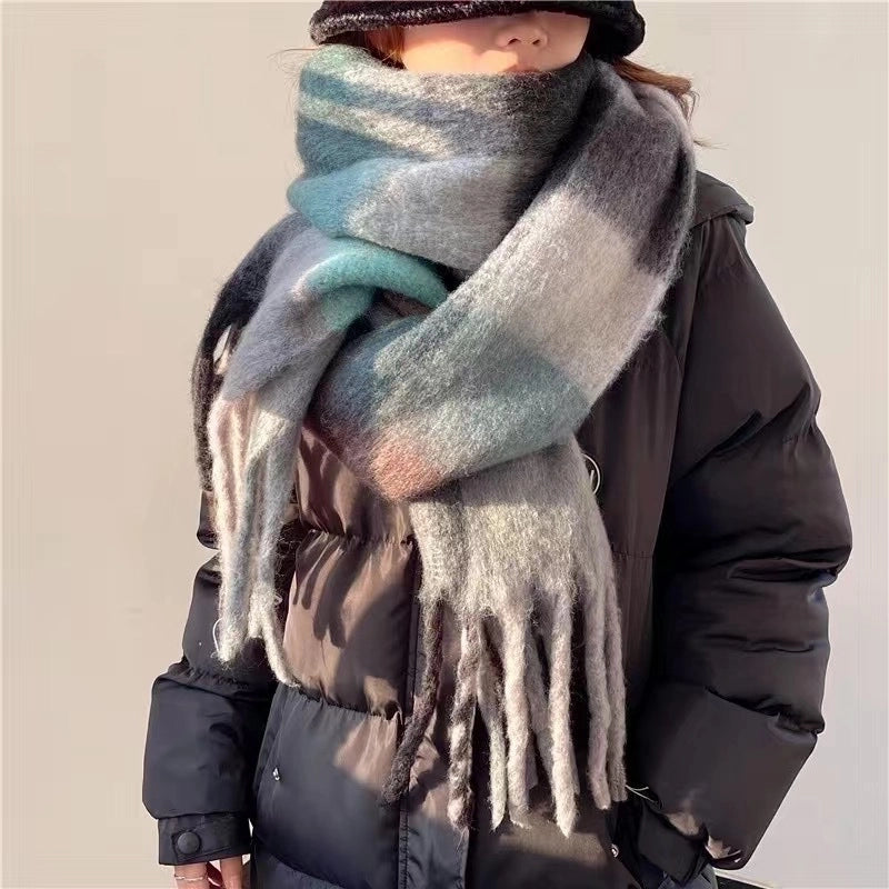 Plaid Tassel Scarf Women's Autumn And Winter Rainbow Brand Color-matching Imitation Cashmere Mahair Shawl Thickened Scarf