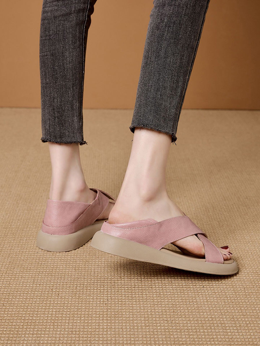 Women Casual Summer Pure Color Leather Slippers