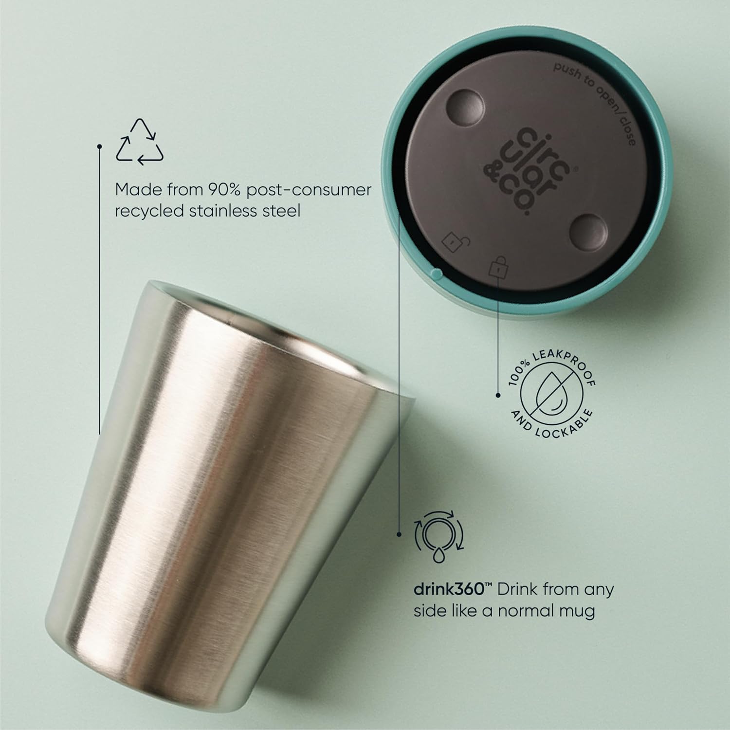 Circular & Co Thermal Stainless Steel Travel Mug - 8oz/227ml - Insulated Reusable Coffee Cup - 100% Leakproof & Lockable - 6 Hours Hot/Cold - Push Top, One Hand Open, 360 Drinking Coffee Tumbler