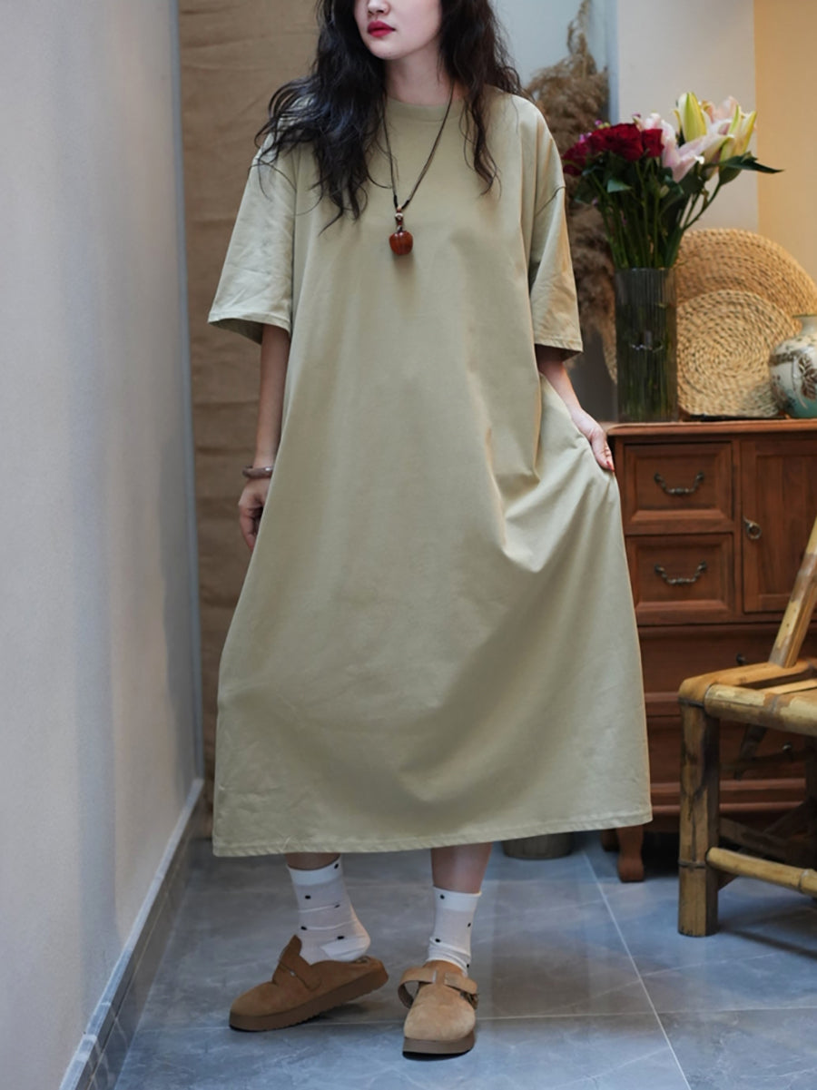 Women Summer Casual Pure Color O-Neck Cotton Dress