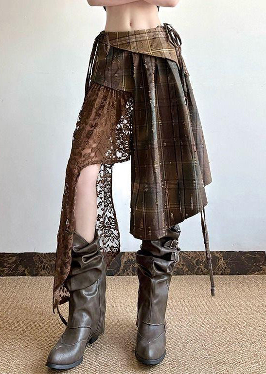 Chic Plaid Asymmetrical Lace Patchwork Cotton Skirt Summer