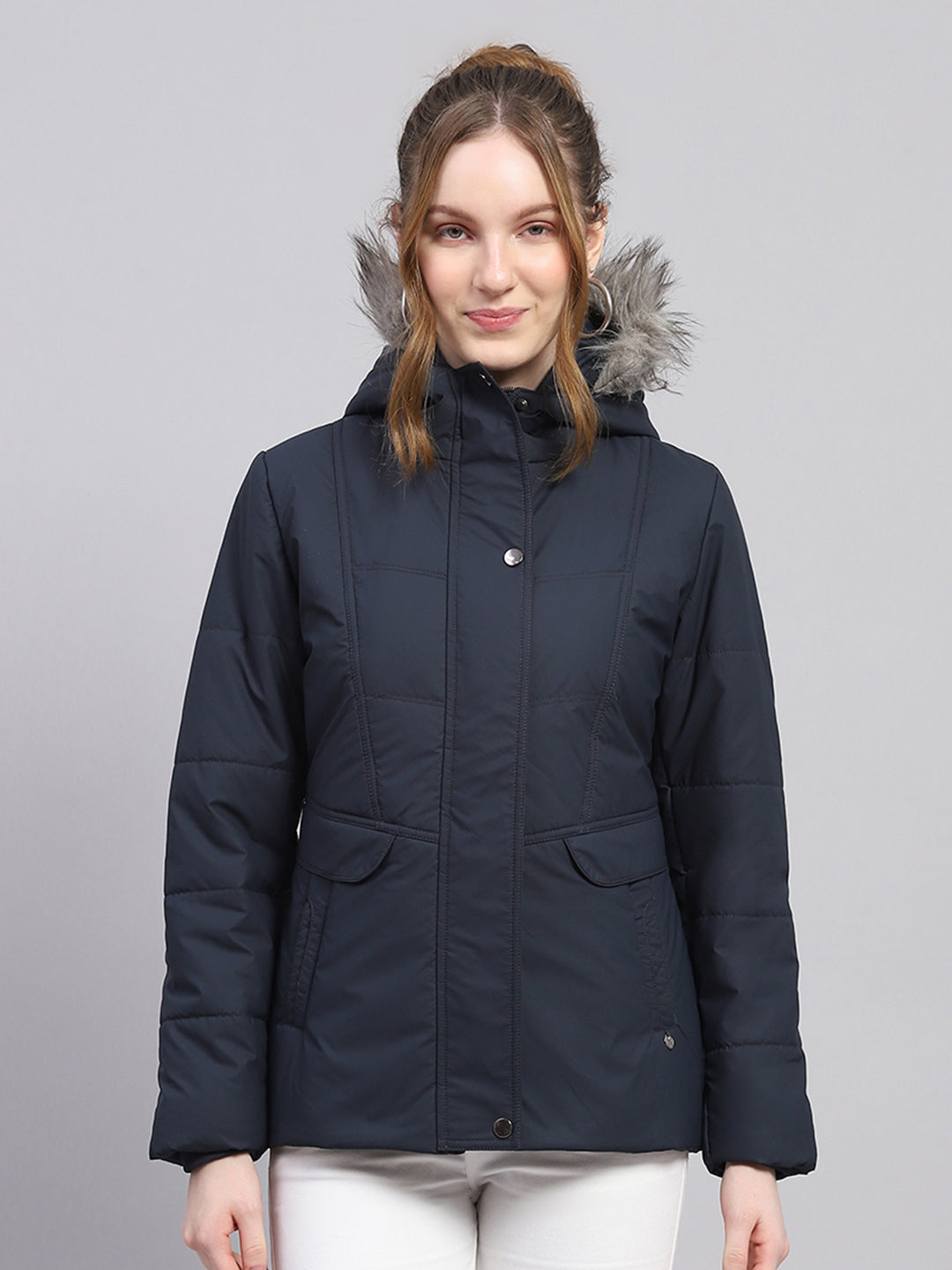 Women Navy Blue Solid Hooded Full Sleeve Jacket