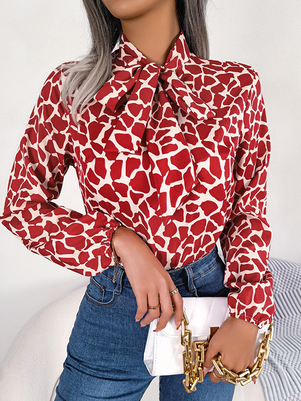 Bishop Sleeve Long Sleeves Bow-Embellished Elasticity Tied Mock Neck Blouses&Shirts Tops