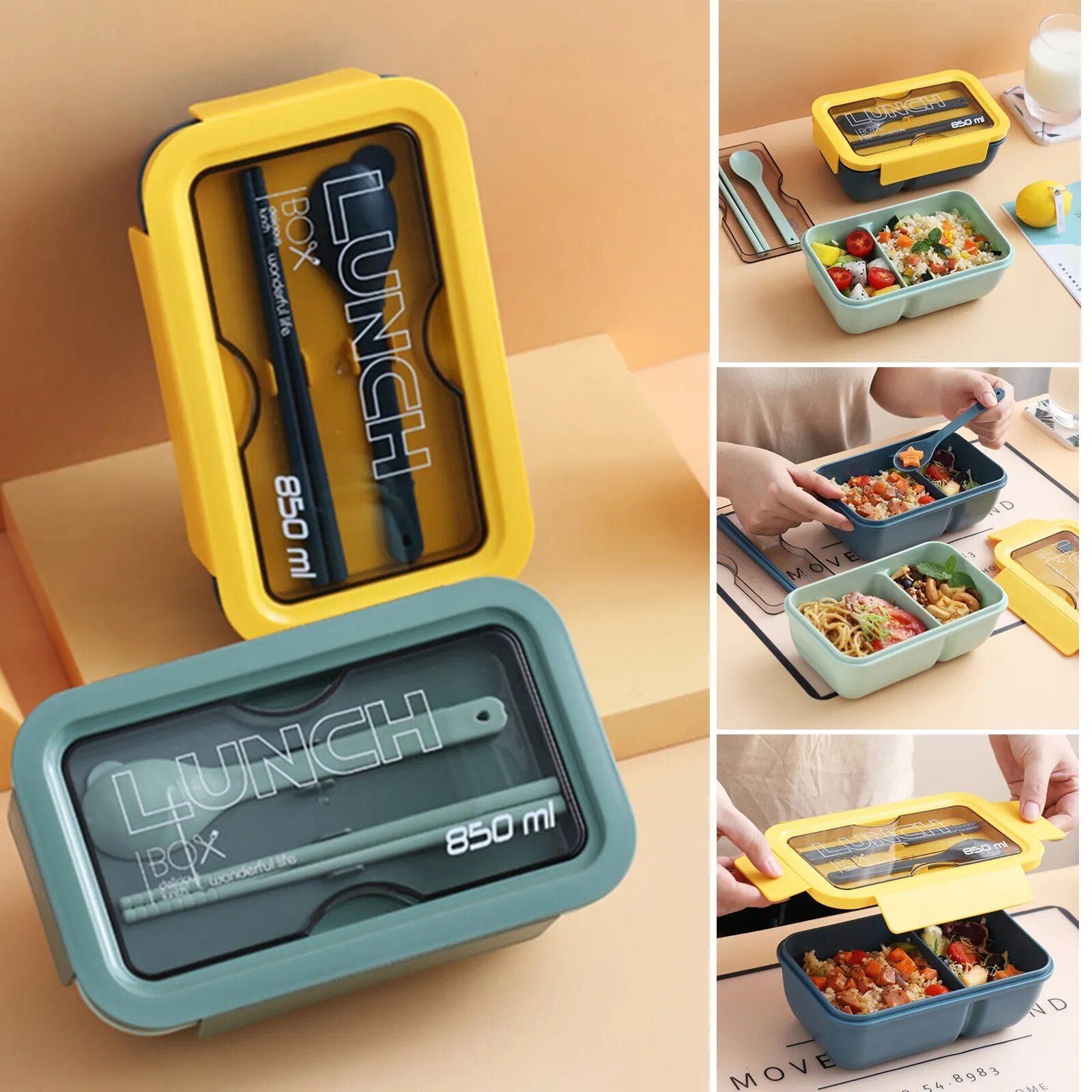 850ml Eco-Friendly Food Grade Plastic Bento Lunch Box With Spoon And Stick