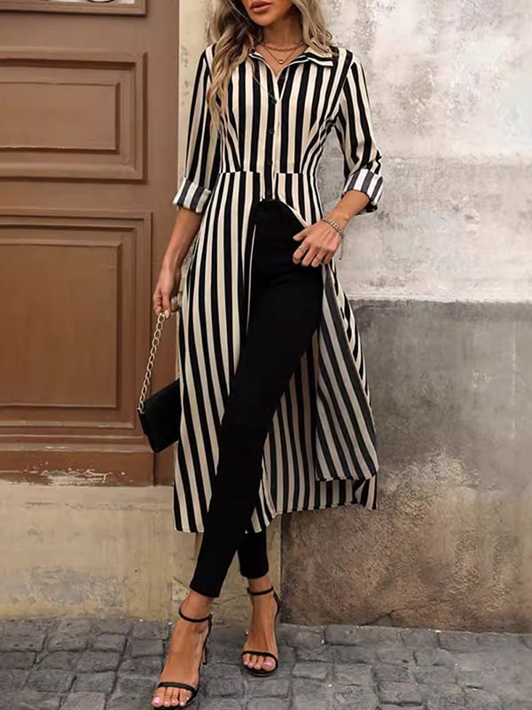 Long Sleeves Loose Buttoned Split-Front Split-Joint Striped Lapel Blouses&Shirts Tops