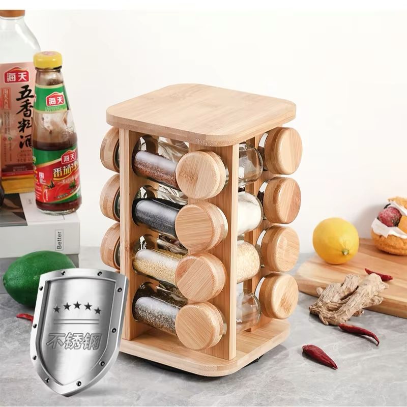 16 Pcs Rotating Wooden Spice Jar Set