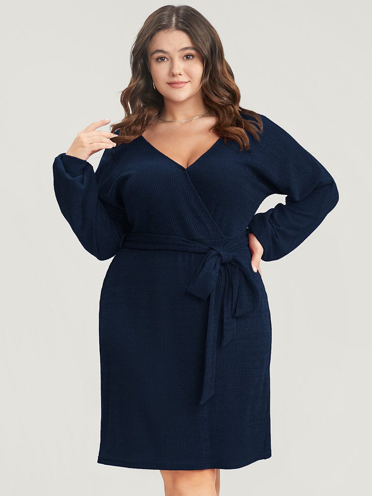 Solid Surplice Neck Belted Knit Dress