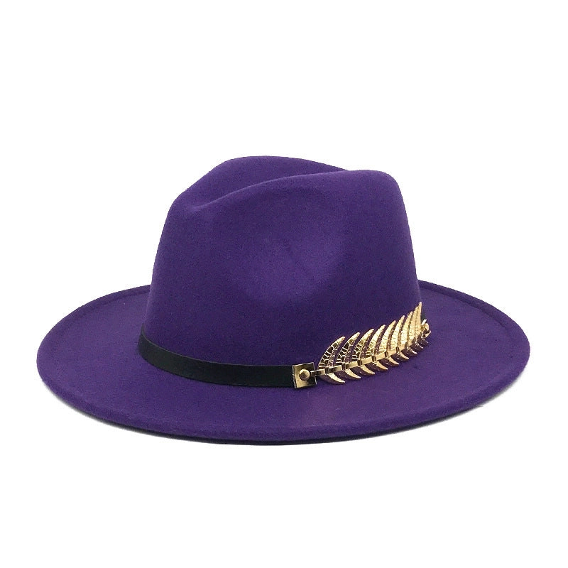Style Fish Bone Gold Leaf Wool Gentleman Hat Large Brim Felt Hat Jazz Big Maple Leaf Imitation Wool Hat