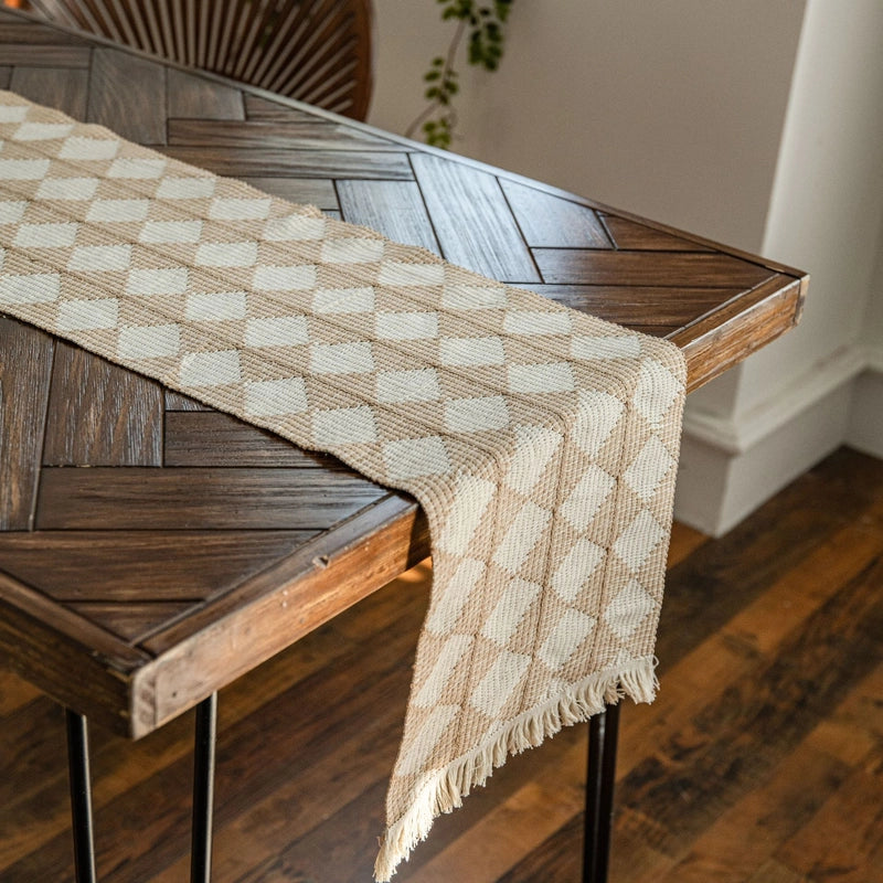Table Runner Cotton Thread Rhombus Contrast Color Stitching Woven Tassel Natural Material  Holiday