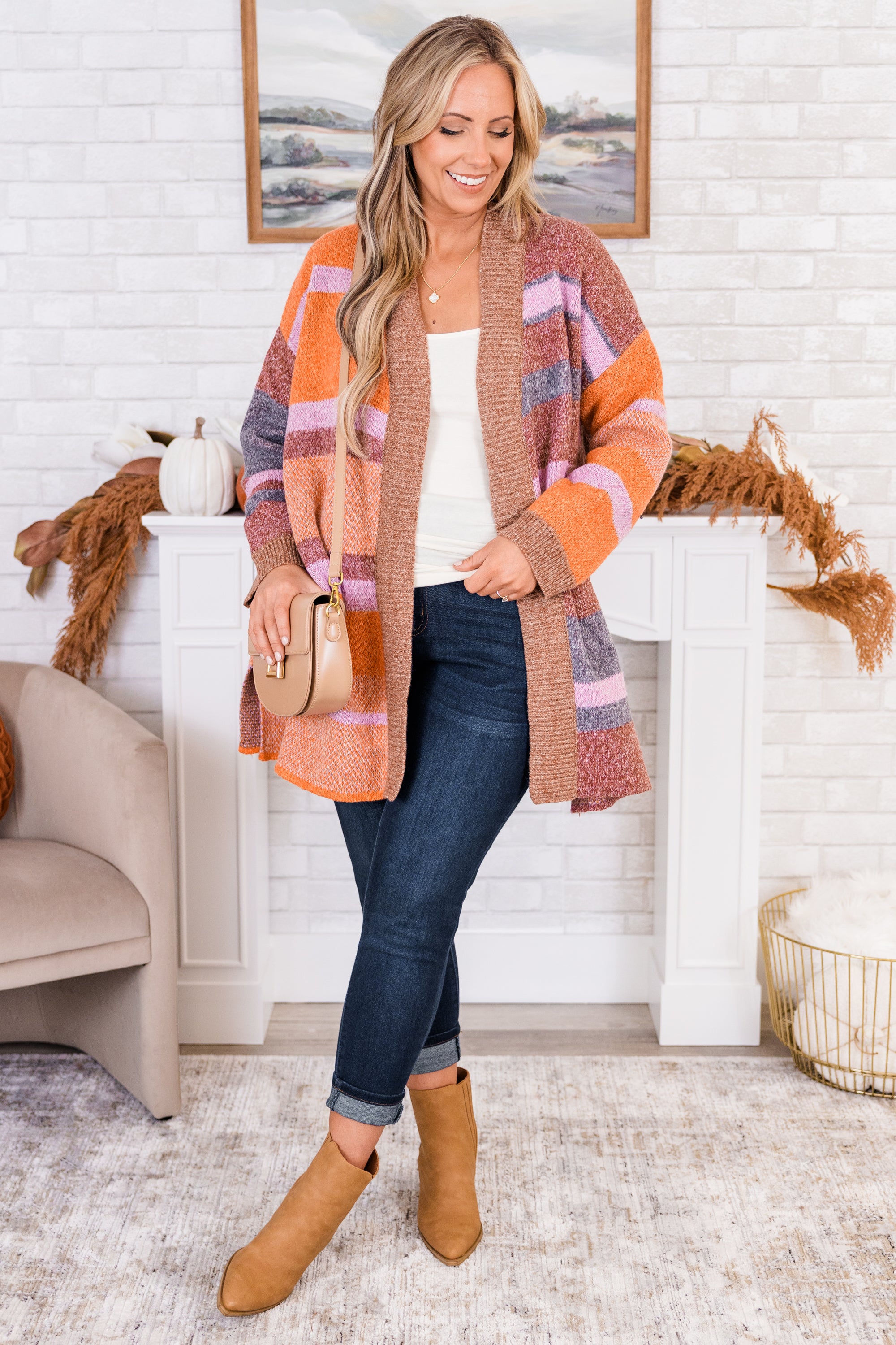 Cocoa Plaid Cardigan. Brown Combo