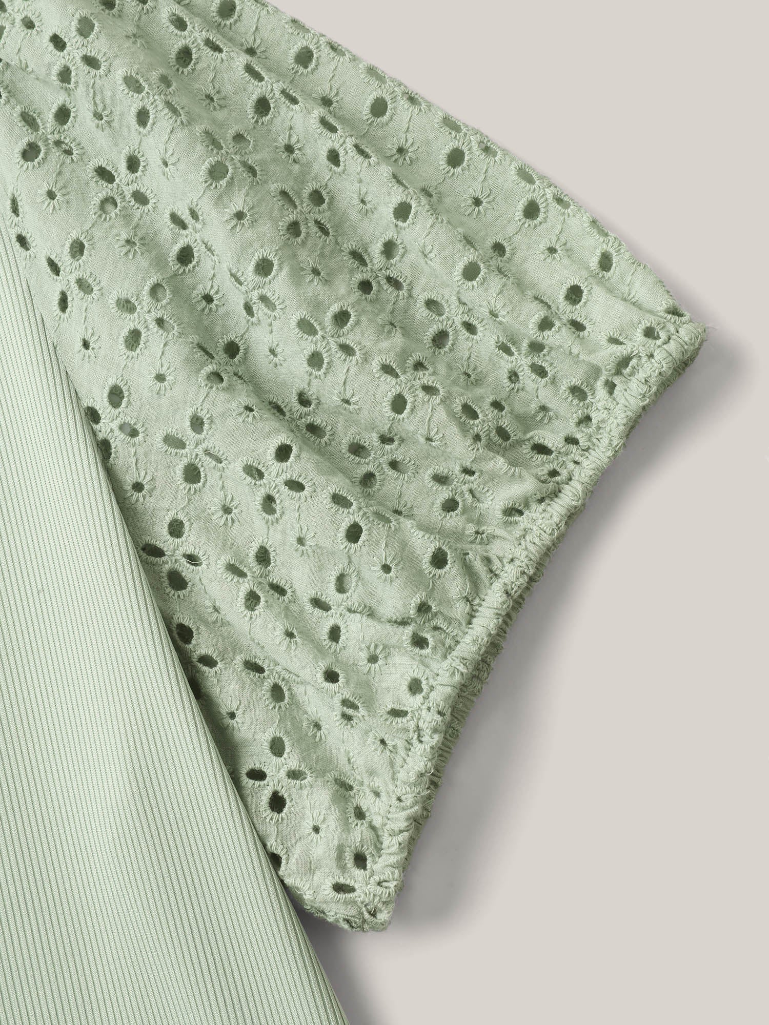 Eyelet Trim Solid Puffy Sleeve Knit Top