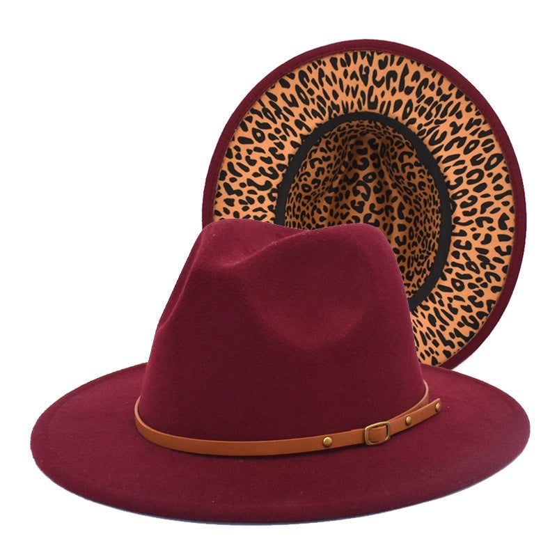 Hot Sale New Leopard Print Color Matching Top Hat Autumn And Winter Jazz Felt Hat Double-sided Personality Belt Top Hat Trend