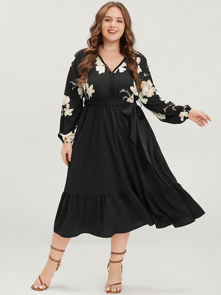 Floral Pocket Broderie Anglaise Lantern Sleeve Belted Flutter Dress