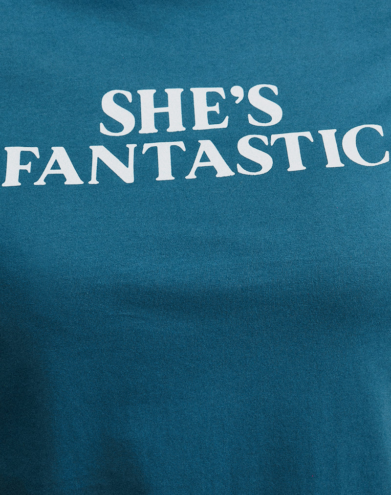 Saki Tee in Mediterranean Blue with She's Fantastic Slogan