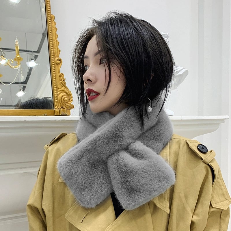 New Winter Faux Rex Rabbit Fur Scarf Women's Warm Anti-wind Necker Solid Color Cross Scarf Mao Scarf